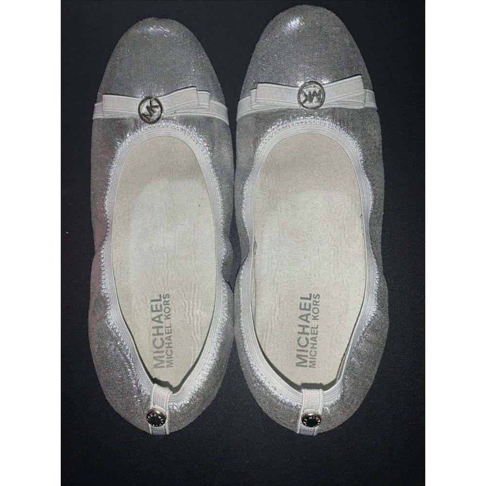 Michael Kors Womens Shoes Ballet Flats Silver Leather MK Logo Size US 5 Medium